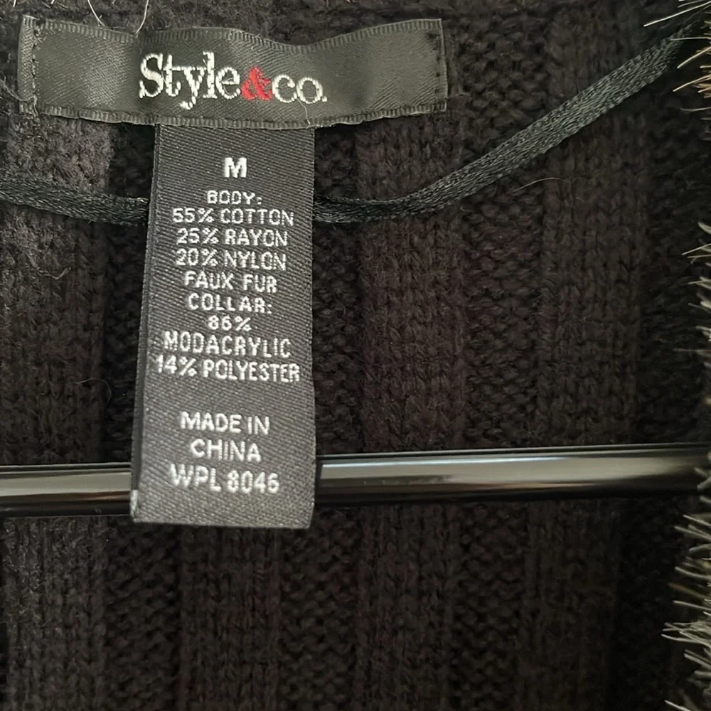 Style & Co Leopard Faux Fur Collar Flare Cuff Black Knit Long Cardigan Size M - Picture 5 of 5